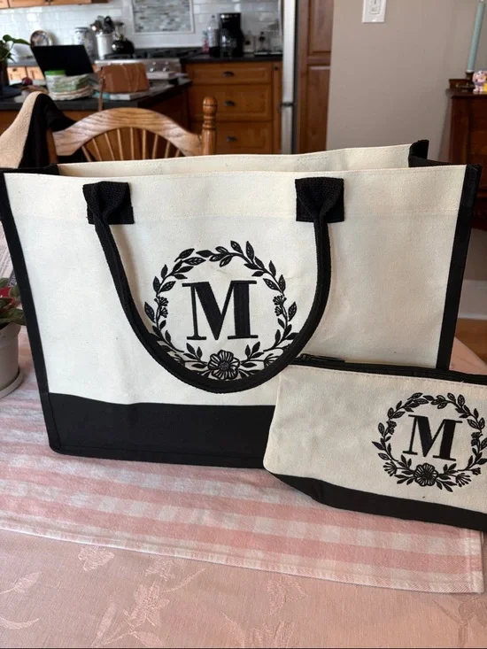 Monogram Canvas Tote & Zip Pouch in Black and Cream - Picture 1 of 5